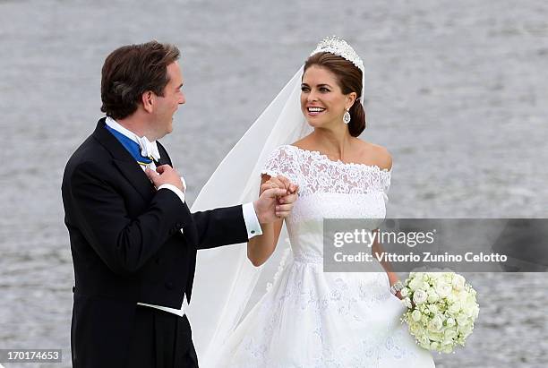 Christopher O'Neill and Princess Madeleine of Sweden depart for the travel by boat to Drottningholm Palace for dinner after the wedding ceremony of...