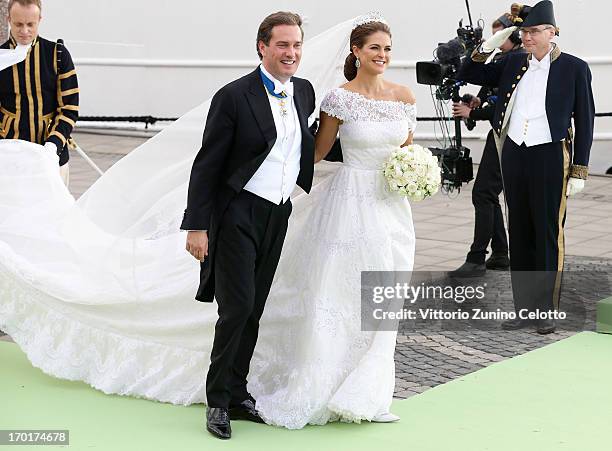Christopher O'Neill and Princess Madeleine of Sweden depart for the travel by boat to Drottningholm Palace for dinner after the wedding ceremony of...