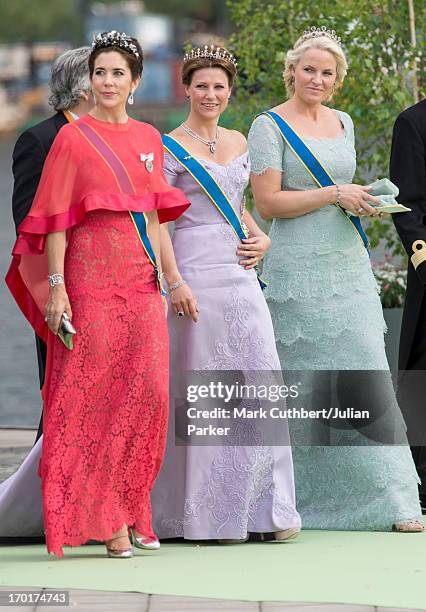 Crown Princess Mary of Denmark with Crown Princess Mette-Marit of Norway and Princess Martha Louise leaving for Drottningholm Palace after the...