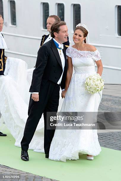 Christopher O'Neill and Princess Madeleine of Sweden depart for the trip by boat to Drottningholm Palace for dinner after their wedding ceremony...