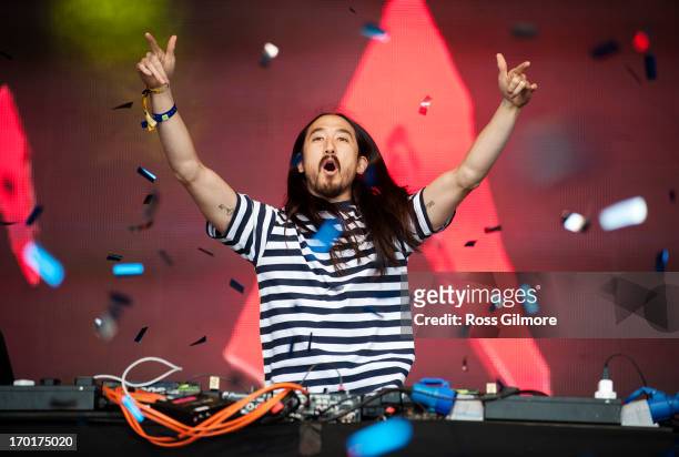 Steve Aoki performs on stage on Day 2 of Rockness Festival 2013 at Clune Farm, Loch Ness on June 8, 2013 in Inverness, Scotland.
