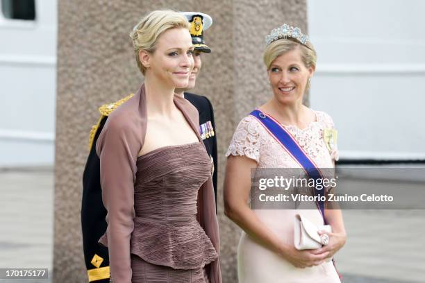 Princess Charlene of Monaco, Prince Edward, Earl of Wessex and Sophie, Countess of Wessex depart fort a travel by boat to Drottningholm Palace for...