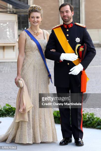 Princess Stephanie and Prince Guillaume of Luxembourg attend the wedding of Princess Madeleine of Sweden and Christopher O'Neill hosted by King Carl...