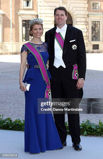 Hereditary Princess Kelly of Saxe-Coburg and Gotha and Hereditary Prince Hubertus of Saxe-Coburg and Gotha attend the wedding of Princess Madeleine...