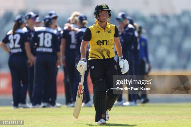 Beth Mooney of Western Australia walks from the field after being dismissed by Kim Garth of Victoria during the WNCL match between Western Australia...