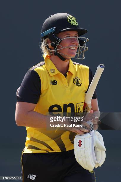 Beth Mooney of Western Australia walks from the field after being dismissed by Kim Garth of Victoria during the WNCL match between Western Australia...