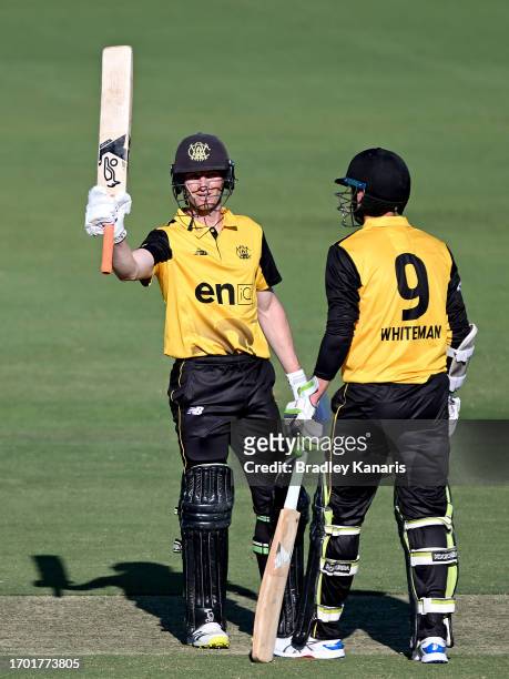 Cameron Bancroft of Western Australia celebrates after scoring a half century during the Marsh One Day Cup match between South Australia and Western...
