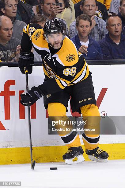 Jaromir Jagr of the Boston Bruins skates with the puck against the Pittsburgh Penguins in Game Four of the Eastern Conference Final during the 2013...