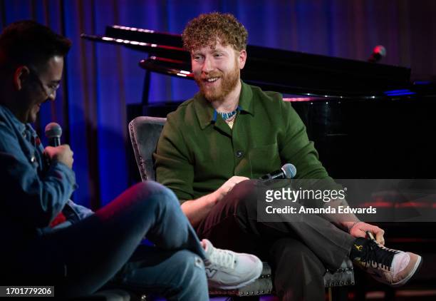 Journalist Tomás Mier and musician JP Saxe attend the Spotlight Series with JP Saxe event at the GRAMMY Museum L.A. Live on September 25, 2023 in Los...