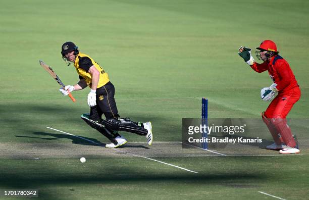 Sam Whiteman of Western Australia plays a shot during the Marsh One Day Cup match between South Australia and Western Australia at Allan Border...