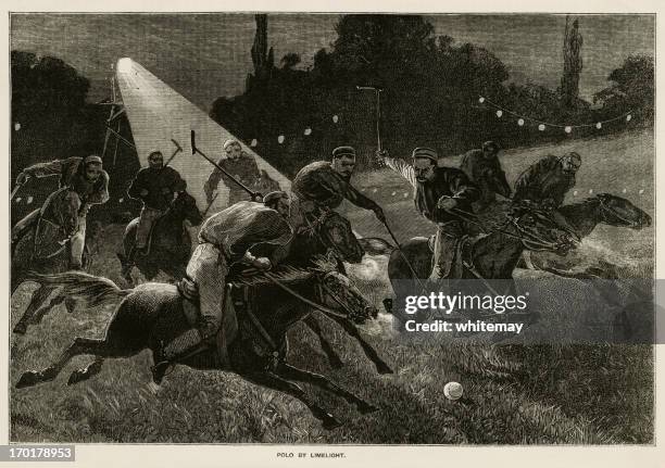 nighttime polo match using limelight, a calcium light. - polo player stock illustrations