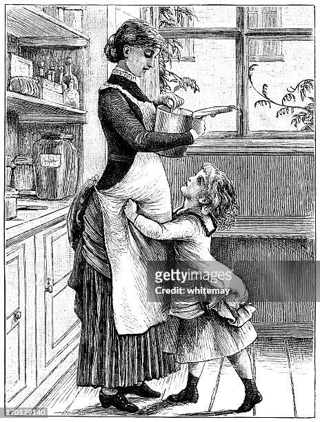 stockillustraties, clipart, cartoons en iconen met little victorian girl in the kitchen with her mother - historical clothing