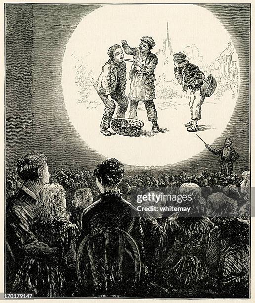 victorian magic lantern show - projector light stock illustrations