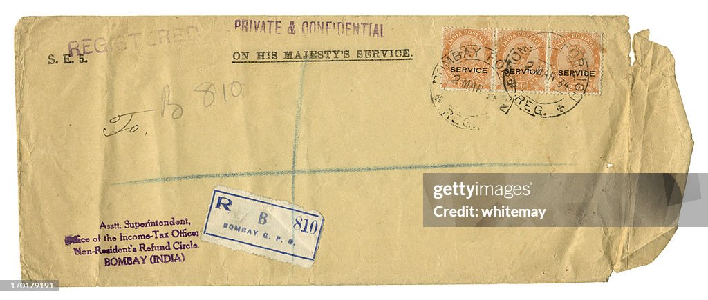 Registered OHMS envelope from Bombay, India, 1934
