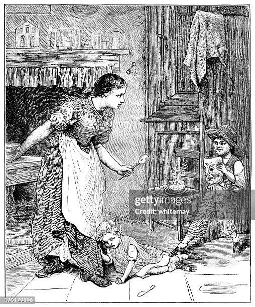 naughty victorian child in a kitchen - woman entering home stock illustrations