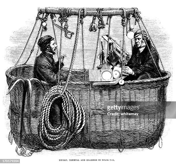 coxwell and glaisher in their balloon car - wicker stock illustrations