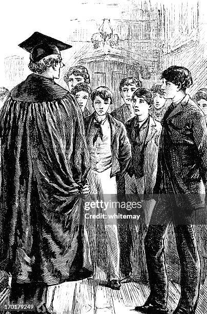 schoolboys looking chastened before a teacher - school rules stock illustrations