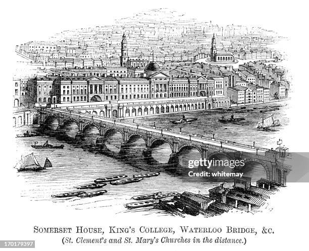 somerset house, king's college and waterloo bridge, london (1871 engraving) - waterloo bridge stock illustrations