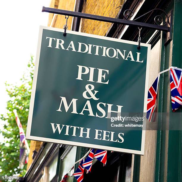 sign - traditional pie and mash with eels - greenwich stock pictures, royalty-free photos & images