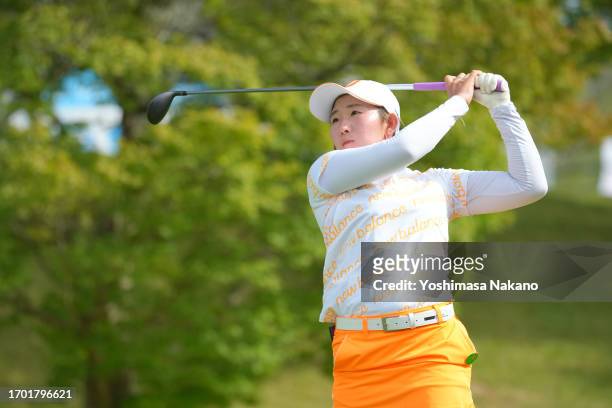 Yumi Kudo of Japan hits her tee shot on the 16th hole during the first round of Sky Ladies ABC Cup at ABC Golf Club on September 26, 2023 in Kato,...