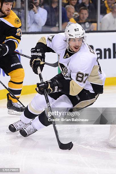 Sidney Crosby of the Pittsburgh Penguins skates against the Boston Bruins in Game Four of the Eastern Conference Final during the 2013 NHL Stanley...