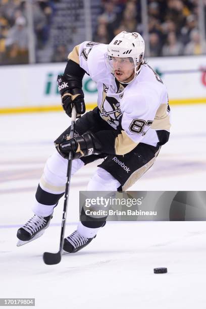 Sidney Crosby of the Pittsburgh Penguins skates against the Boston Bruins in Game Four of the Eastern Conference Final during the 2013 NHL Stanley...