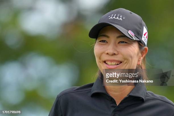 Mayu Hattori of Japan smiles on the 16th tee during the first round of Sky Ladies ABC Cup at ABC Golf Club on September 26, 2023 in Kato, Hyogo,...