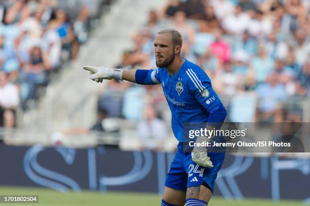 Stefan Frei of Seattle Sounders during a game between Seattle Sounders FC and Minnesota United FC at Allianz Field on August 27, 2023 in St. Paul,...