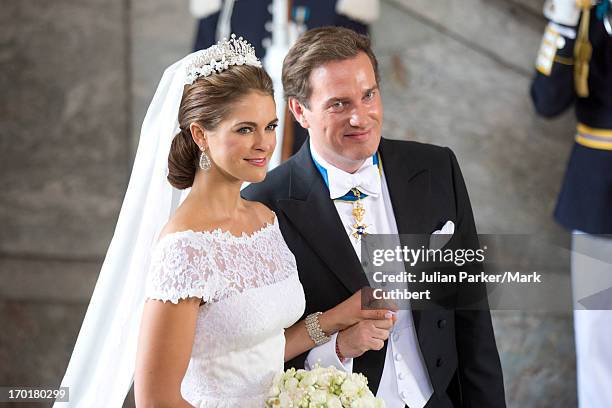 Princess Madeleine of Sweden and Christopher O'Neill leave the Royal Chapel, at the Royal Palace, Stockholm after their Wedding, on June 8, 2013 in...