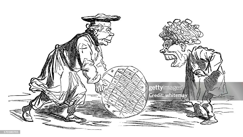 Cheesemonger presenting an old woman with a cheese