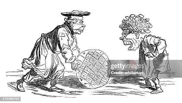 cheesemonger presenting an old woman with a cheese - cheese wheel stock illustrations