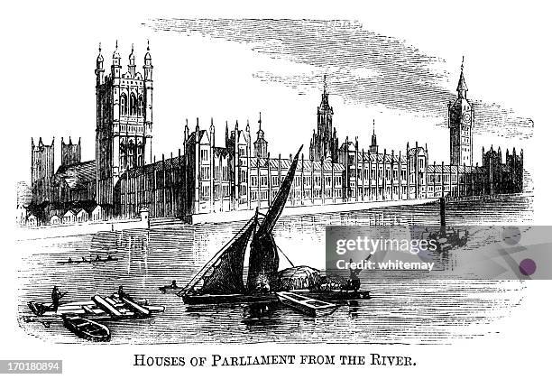 houses of parliament from the river thames (1871 engraving) - listed building uk stock illustrations
