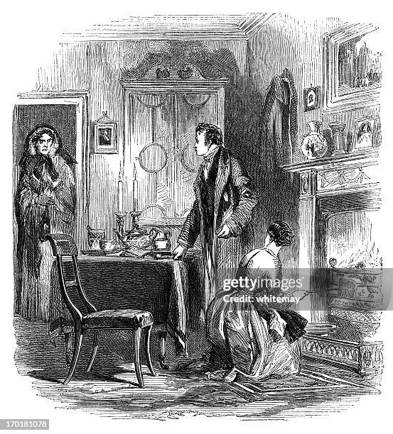 woman visiting a married couple (1855 engraving) - man leaving house stock illustrations