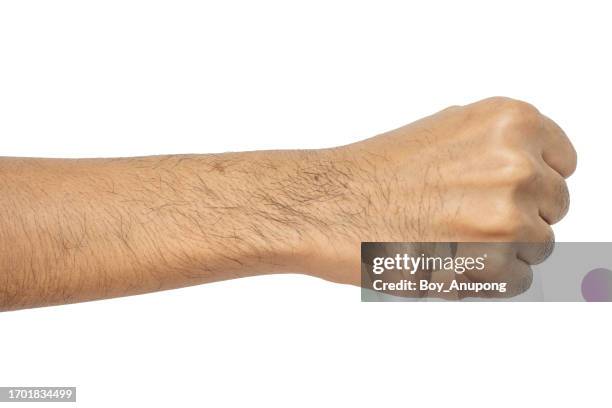 cropped shot view of men's right hand isolated on white background. - faustschlag stock-fotos und bilder
