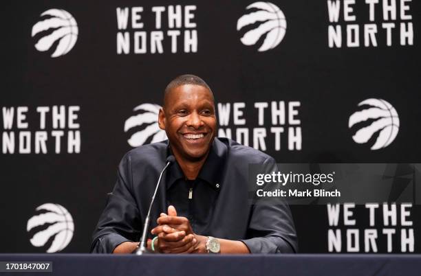 President of the Toronto Raptors Masai Ujiri speaks during media day on October 2, 2023 in Toronto, Ontario, Canada. NOTE TO USER: User expressly...