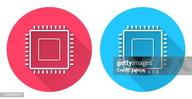 microchip. round icon with long shadow on red or blue background - quantum stock illustrations