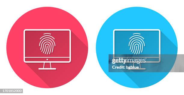 desktop computer with fingerprint. round icon with long shadow on red or blue background - desktop scanner stock illustrations