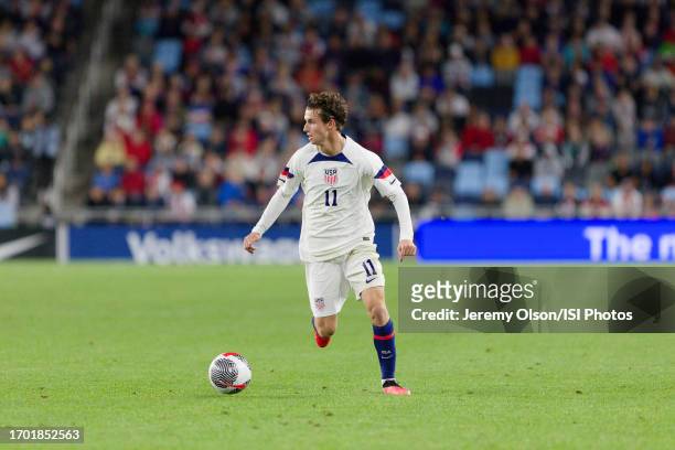 Brenden Aaronson of the United States with the ball during a game between Oman and USMNT at Allianz Field on September 12, 2023 in St Paul, Minnesota.