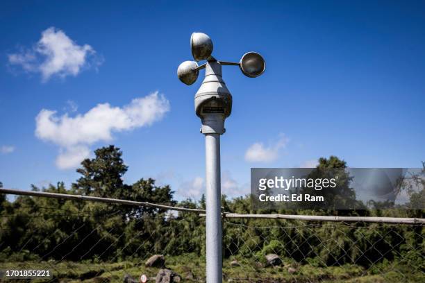 Device for measuring wind speed stands at the Meteorological Station on Mount Kenya on September 29, 2023 in Mount Kenya National Park, Kenya. The...