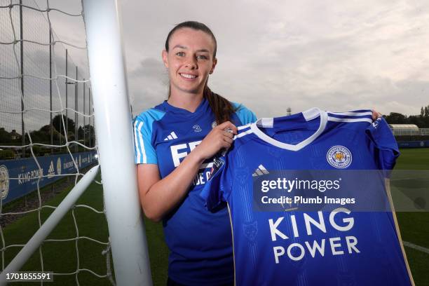 Sam Tierney signs a new contract extension for Leicester City Women at Belvoir Drive Training Complex on October 02, 2023 in Leicester, United...