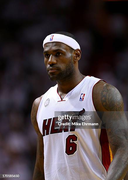 LeBron James of the Miami Heat looks on against the Indiana Pacers during Game Seven of the Eastern Conference Finals of the 2013 NBA Playoffs at...