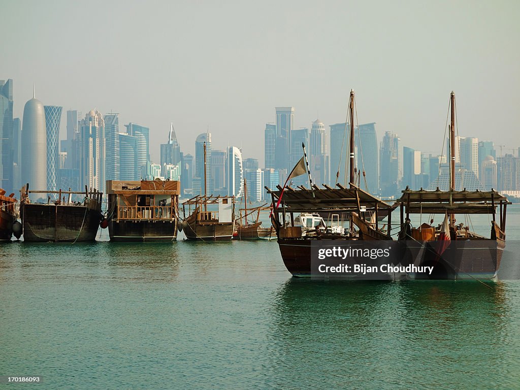 Moored boats with skyline