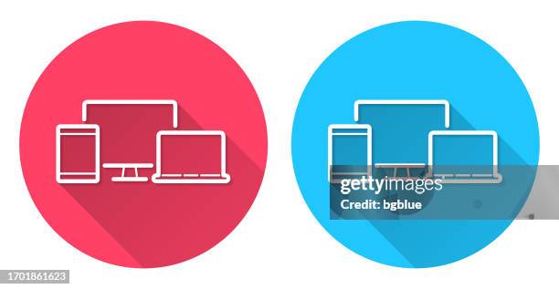 desktop computer, tablet pc and laptop. round icon with long shadow on red or blue background - iphone blank screen stock illustrations