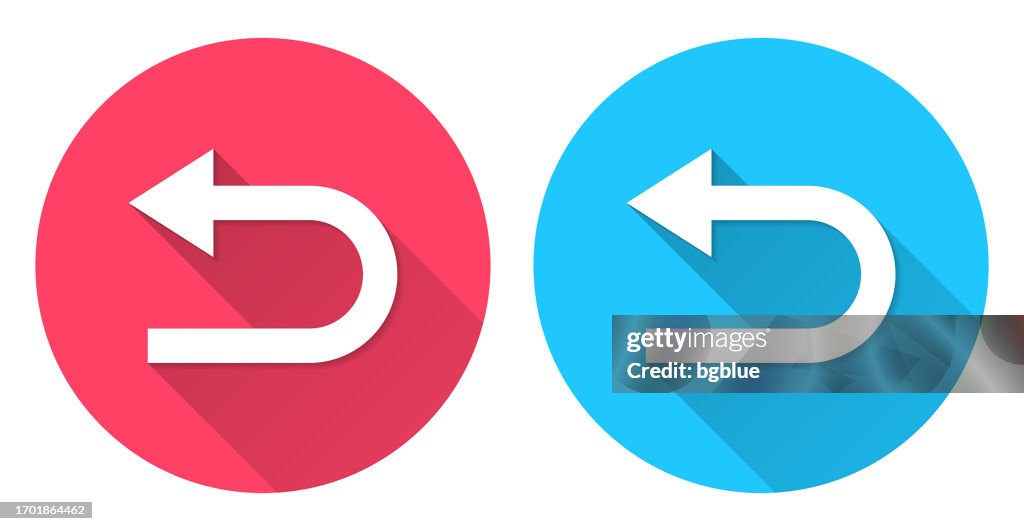 Seta de direção em U-turn. Ícone redondo com sombra longa no fundo vermelho ou azul