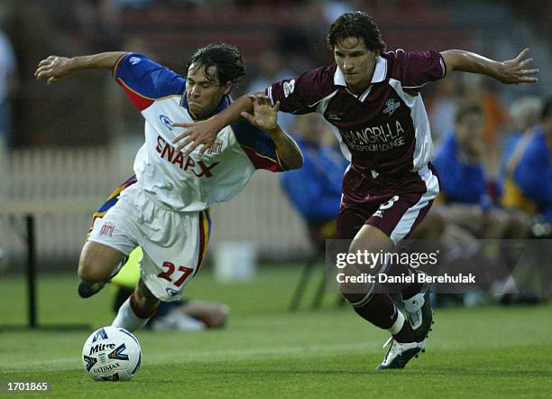 Jonathan Richter of the Spirit challenges Shane Stefanutto of the Strikers for the ball during the NSL round 15 match between the Northern Spirit and...