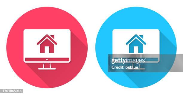 desktop computer with smart home. round icon with long shadow on red or blue background - using desktop computer at home stock illustrations
