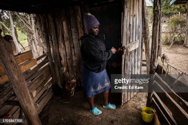 Porter Johana Macharia's daughter leaves a chicken coop at his home in Gitinga Village, where 60% of the men work as mountain porters accounting to...