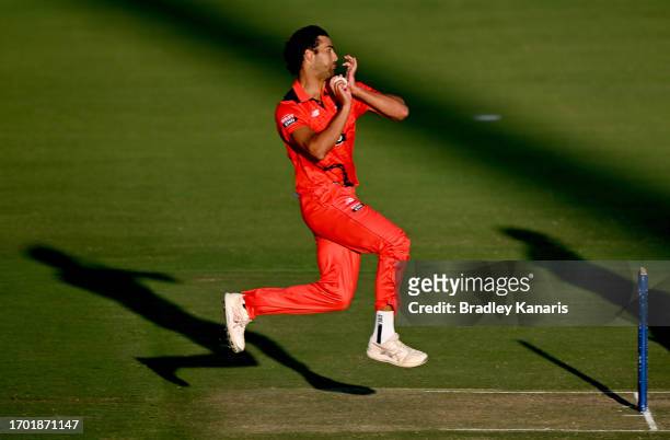 Wes Agar of South Australia bowls during the Marsh One Day Cup match between South Australia and Western Australia at Allan Border Field, on...