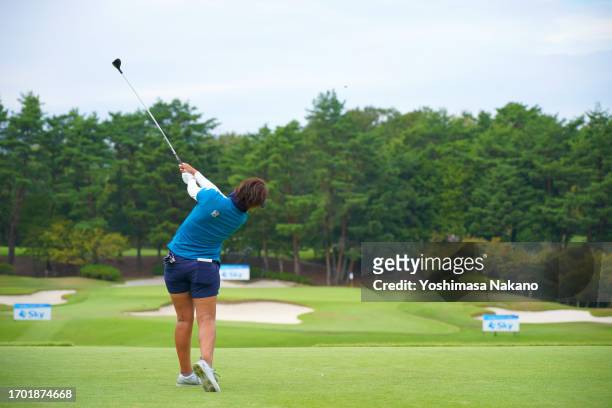 Maiko Wakabayashi of Japan hits her tee shot 16 during the first round of Sky Ladies ABC Cup at ABC Golf Club on September 26, 2023 in Kato, Hyogo,...