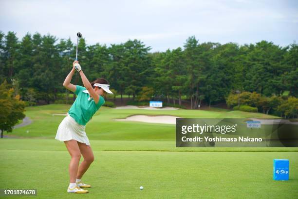 Riko Inoue of Japan hits her tee shot on the 16th hole during the first round of Sky Ladies ABC Cup at ABC Golf Club on September 26, 2023 in Kato,...